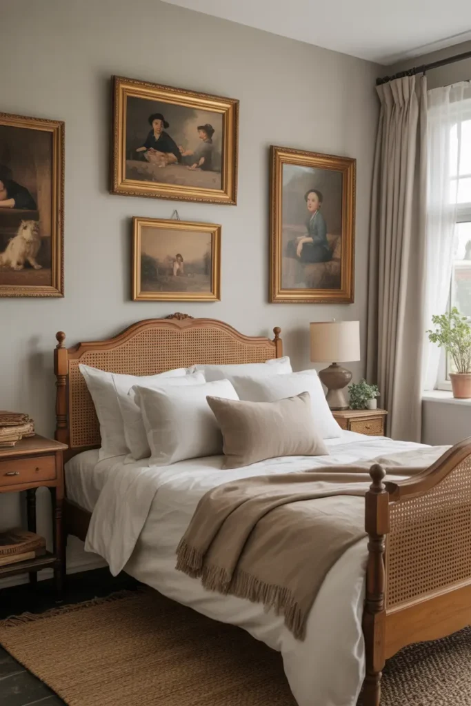 Full-length antique mirror with ornate frame enhances light and creates a spacious feel.