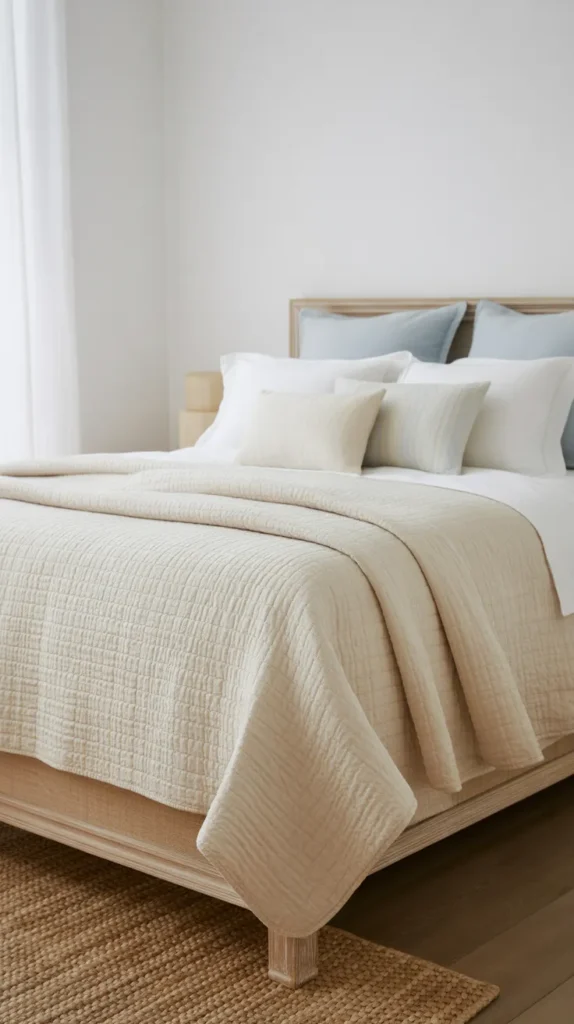 Fresh bedroom with a lightweight cotton quilt folded over white bedding, pale blue and cream accents, light oak bed, white walls, soft natural light, airy curtains, woven rug, clean layered textures, relaxed summer styling, uncluttered layout, eye-level view from the foot of the bed.