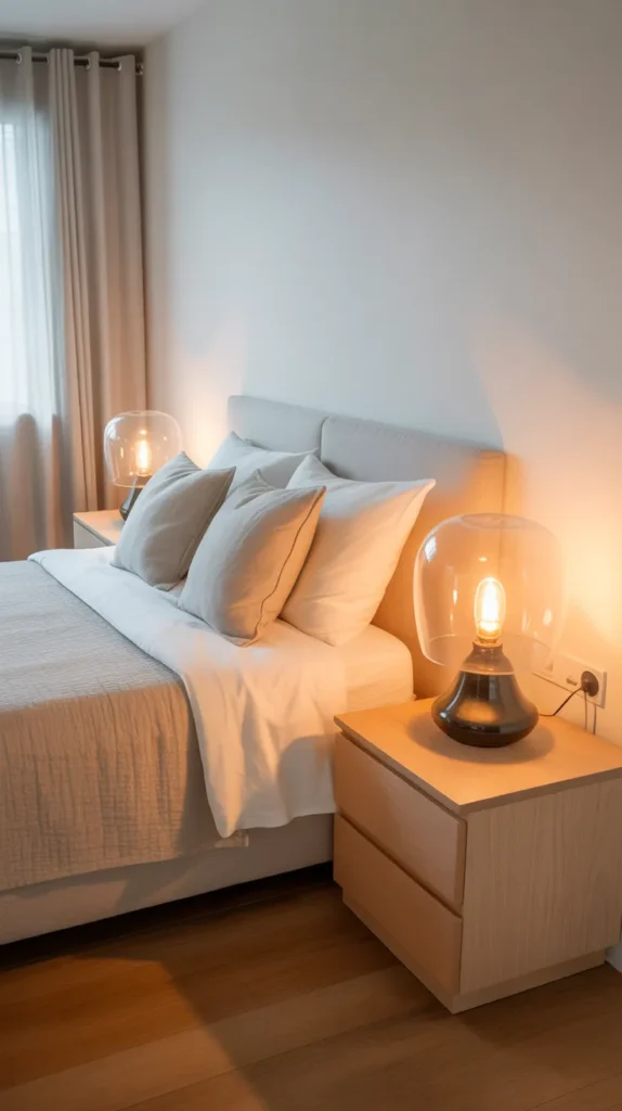 Fresh bedroom with clear glass table lamps on pale wood nightstands, white walls, soft beige bedding, airy cotton curtains, warm evening glow mixed with natural daylight, light oak flooring, minimal decor, clean symmetrical layout, relaxed modern coastal style, eye-level view facing the bed.