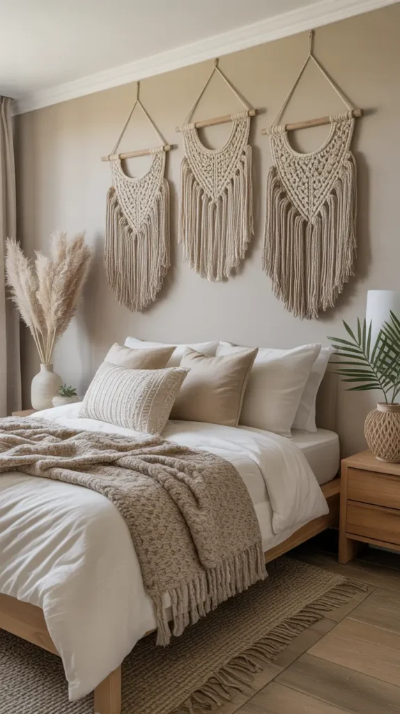  Fringe-style wall hangings in neutral tones create a soft, Boho-inspired, cozy, and artistic bedroom aesthetic.