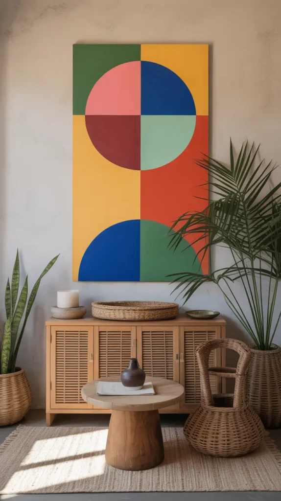  Hand-painted geometric or abstract panels enhance Boho walls with color, texture, and artistic flair.