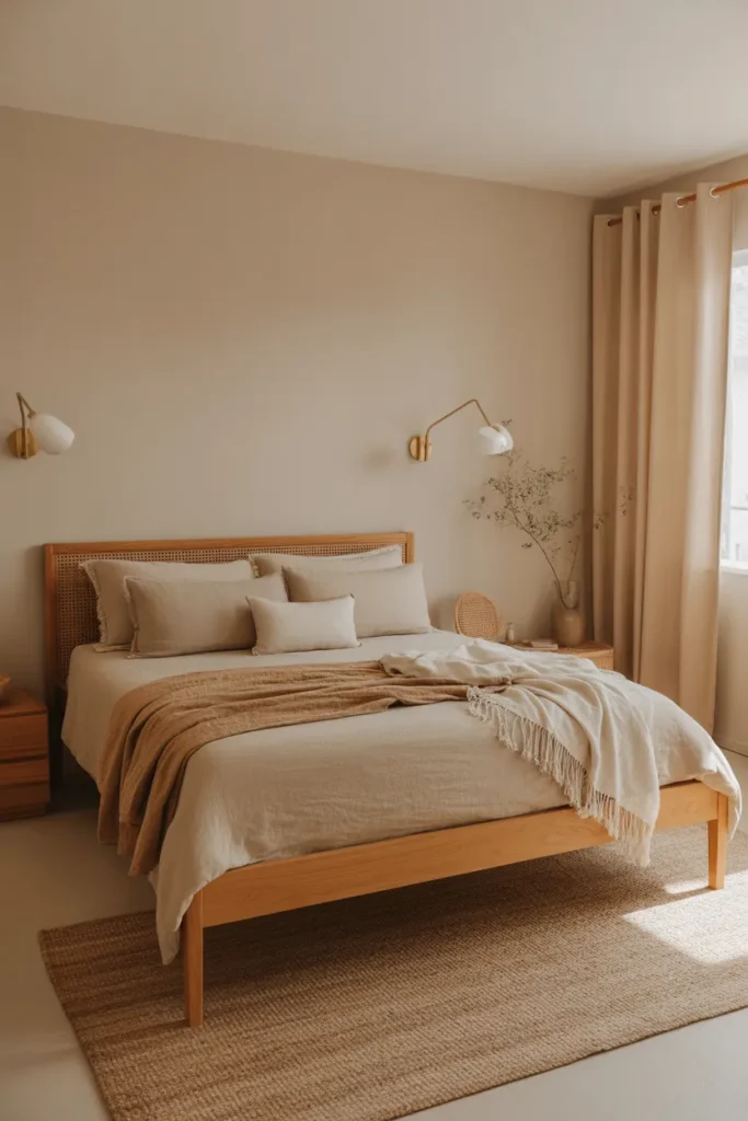 Bright bedroom with light wood dresser, oak bed frame, white walls, beige bedding, woven lamp, soft sunlight, natural textures, pale flooring, clean Scandinavian-inspired styling, airy open layout, simple decor, warm neutral palette, eye-level corner view showing the bed and storage area.