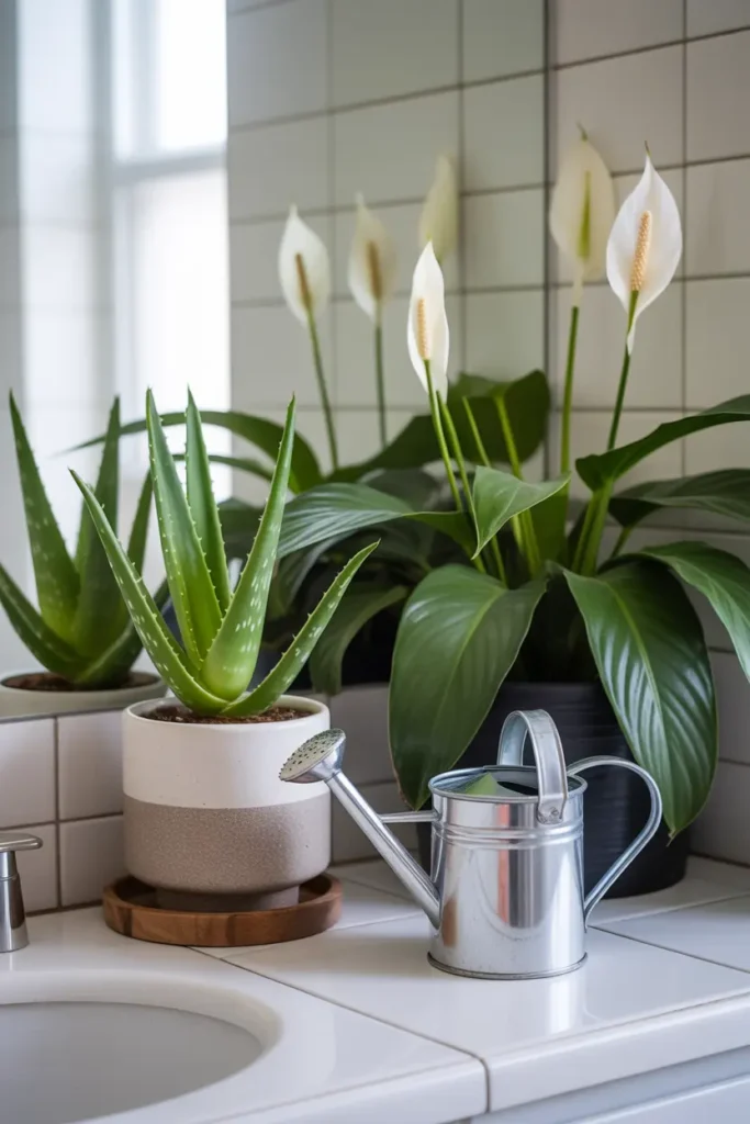 Bathroom counter with watering can beside aloe vera and peace lily, showing healthy leaves and proper Bathroom Plant care in humid conditions.