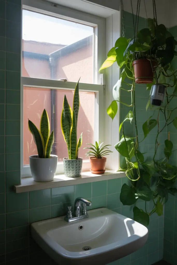Bathroom with low natural light featuring snake plant and pothos on a shelf, ideal Bathroom Plant choices for dim, humid spaces.