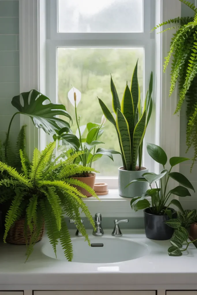 Bright, airy bathroom filled with lush green plants including ferns, peace lilies, and snake plants placed near a sink and windowsill, creating a fresh, serene, and natural ambiance with soft daylight.
