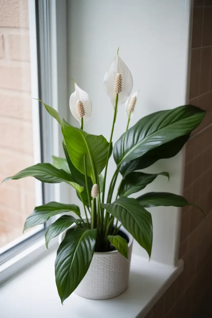 Bright bathroom with peace lily on a windowsill, glossy leaves and white blooms, an elegant air-purifying Bathroom Plant.