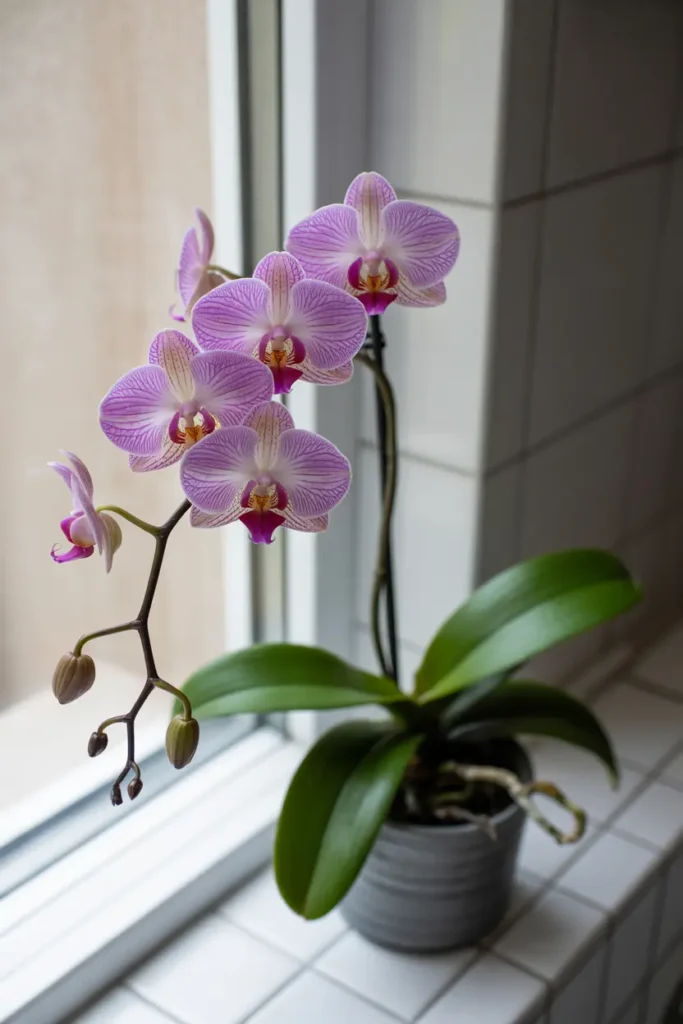Close-up of blooming orchid on a bathroom shelf near a bright window, an elegant humidity-loving Bathroom Plant with purple and white petals.