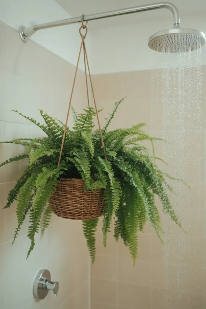 Hanging basket with lush fern near the shower, thriving in misty humidity, a perfect Bathroom Plant for small, spa-like spaces.