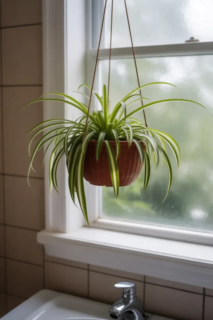 Hanging spider plant near a bathroom window with cascading leaves, a vibrant humidity-loving Bathroom Plant for fresh decor.