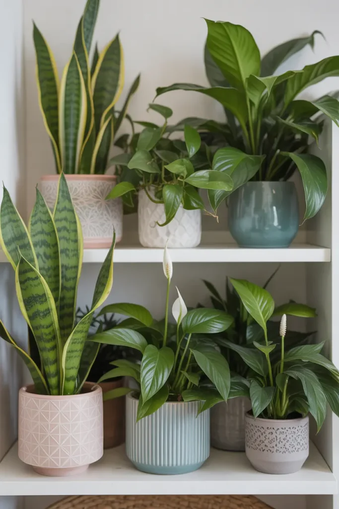 Shelf with snake plant, pothos, and peace lily in decorative pots, perfect Bathroom Plant options for humid spaces.