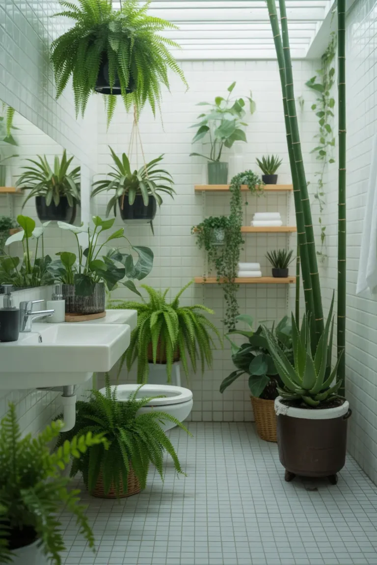 Spacious bright bathroom filled with ferns, peace lilies, aloe vera, and bamboo, creating a lush humid Bathroom Plant oasis with a serene atmosphere.