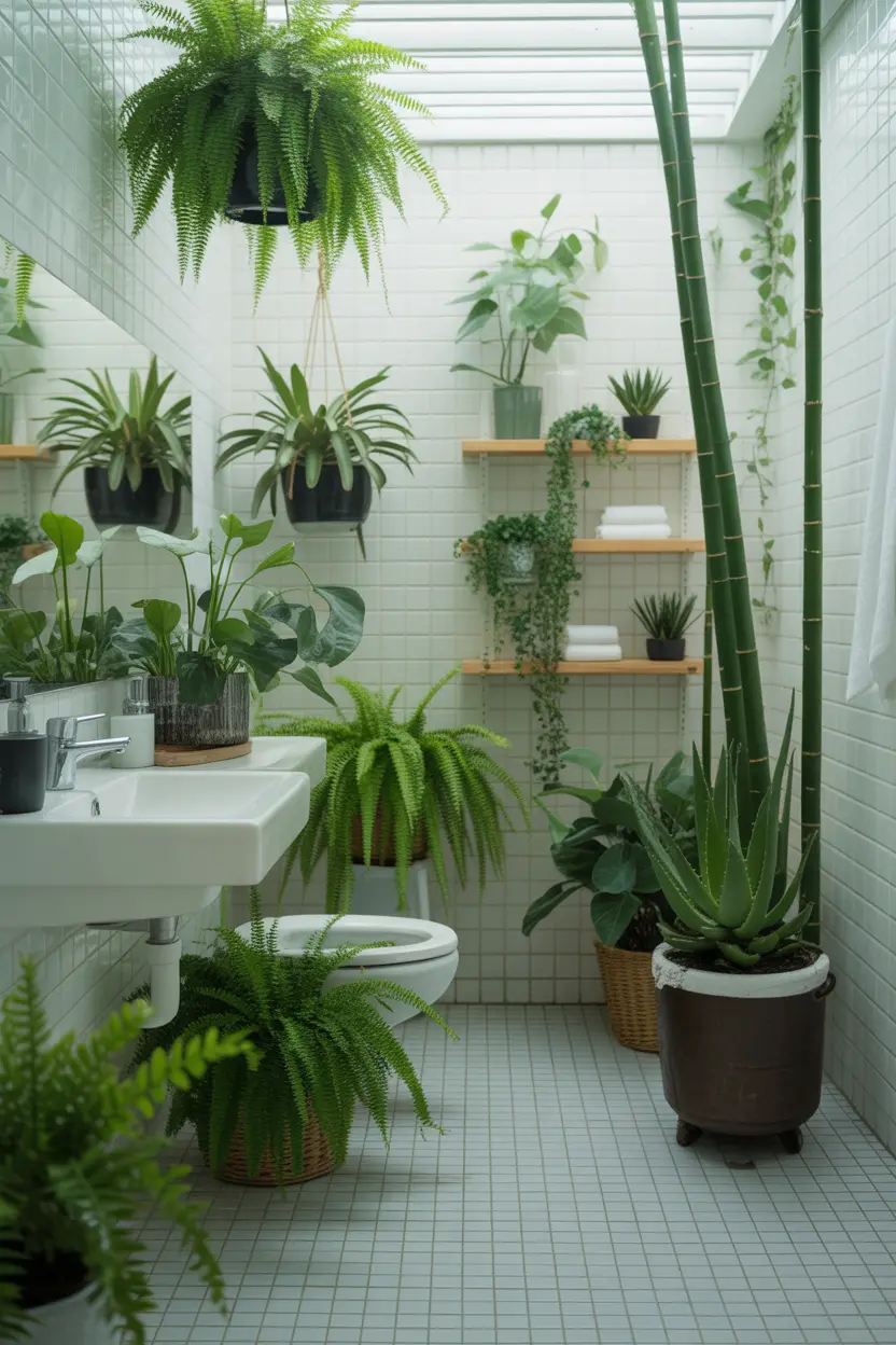 Spacious bright bathroom filled with ferns, peace lilies, aloe vera, and bamboo, creating a lush humid Bathroom Plant oasis with a serene atmosphere.