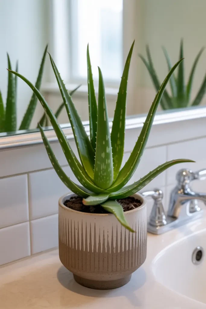 Aloe vera on a bathroom countertop in a stylish pot, thick spiky leaves visible, a practical skincare-friendly Bathroom Plant for humid spaces.