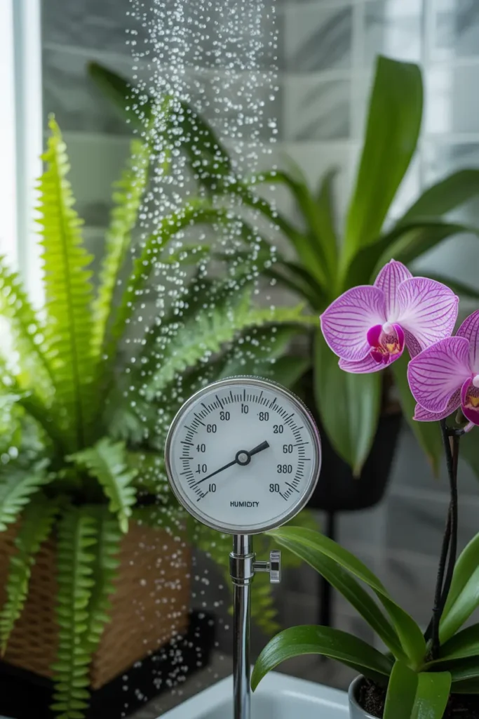 Close-up of a humidity gauge in a steamy bathroom with mist rising from the shower, surrounded by thriving ferns and orchids, showing ideal moisture levels for Bathroom Plant growth and healthy indoor greenery.