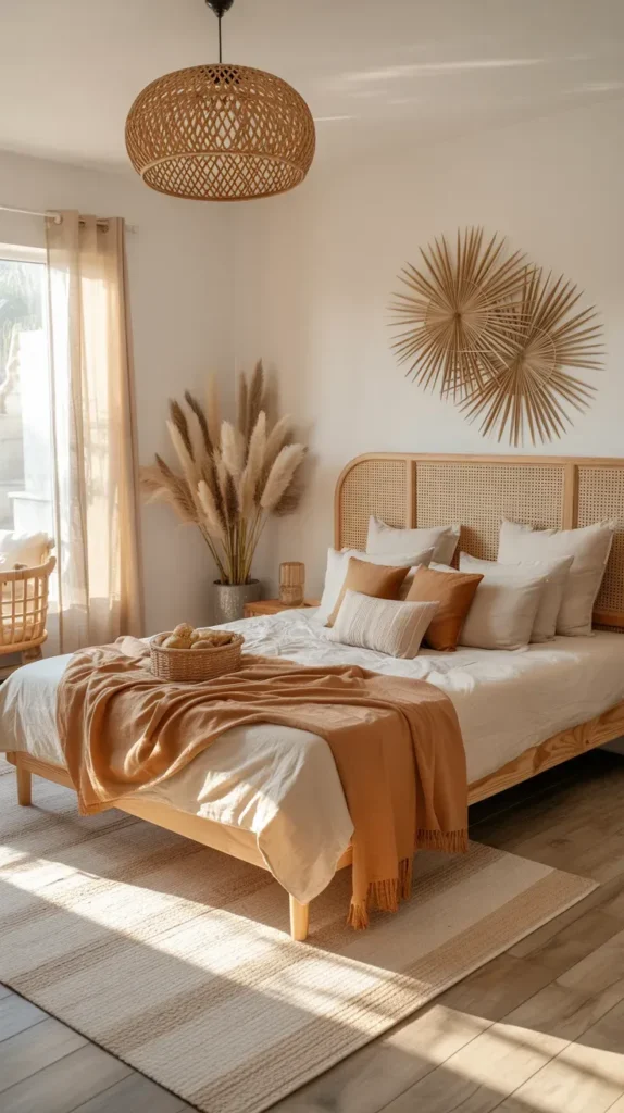Sunny bedroom corner with rattan headboard, woven bench, cane lamp, sand-colored bedding, white walls, light wood floor, small leafy plant, soft beige throw, filtered natural light, airy boho styling, open floor space, balanced textures, warm neutral palette, eye-level interior view with bed centered against the wall.