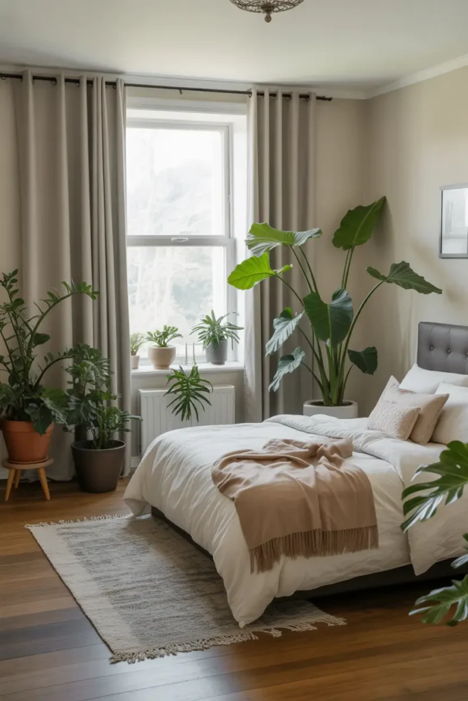 Lush green plants placed in a cozy master bedroom decor to bring a touch of nature indoors.