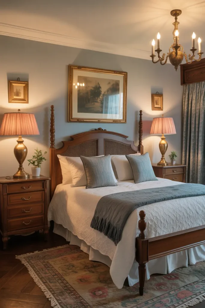 Matching wooden nightstands with brass lamps flank the bed, adding symmetry and antique style.