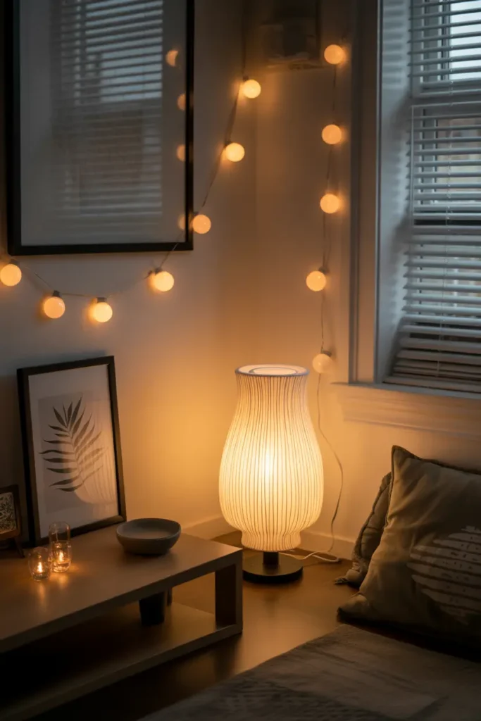 Meditation corner with dimmable lamp and string lights to adjust ambiance for day or night practice.