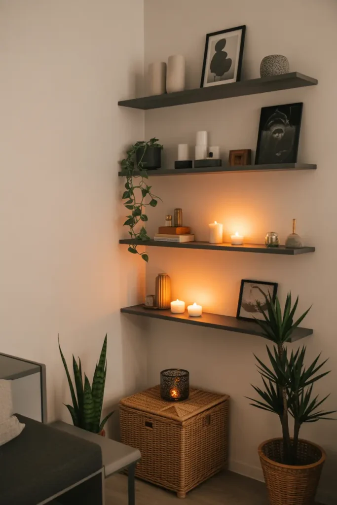 Meditation corner with floating shelves holding candles, plants, and small decor items.