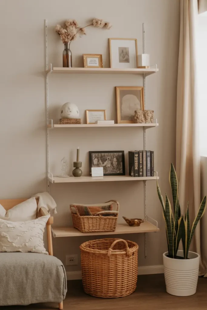 Meditation corner with personal trinkets, favorite books, and meaningful objects on shelves.