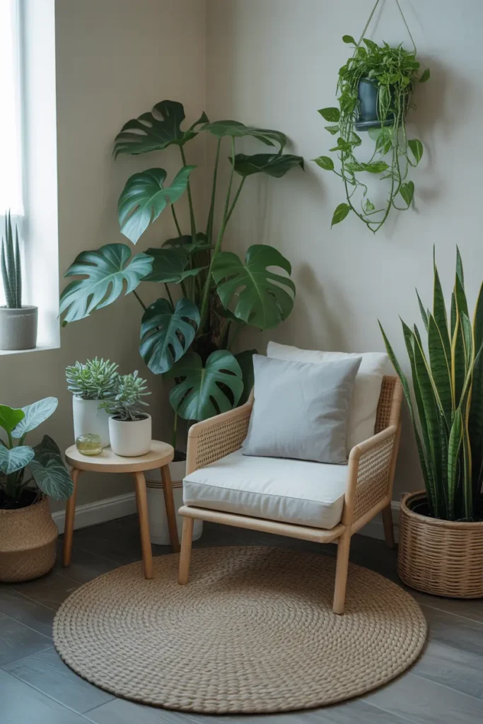 Meditation corner with potted plants and greenery for a fresh, calming vibe.
