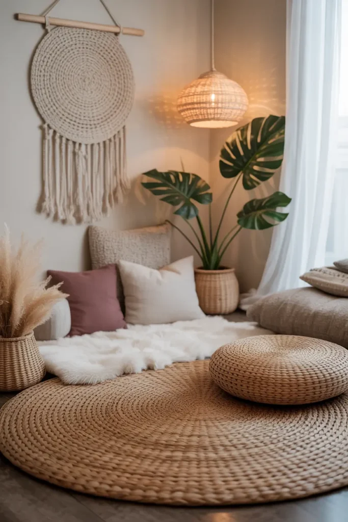 Meditation corner with woven mat, plush rug, and soft cushions adding depth and tactile comfort.