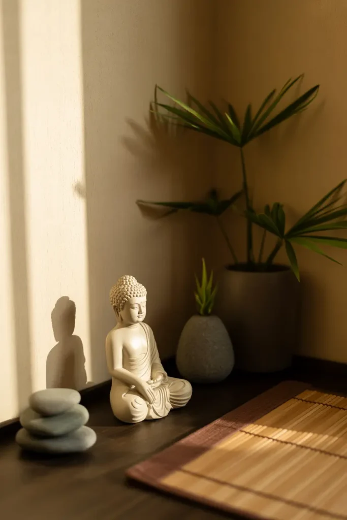 Minimalist Zen decorations including small Buddha statue, stones, and a bamboo mat in the corner.
