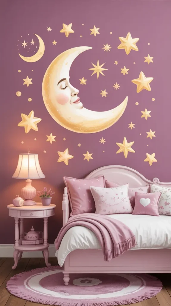 Moon and star-shaped wall decals adding a dreamy, celestial vibe to the room.