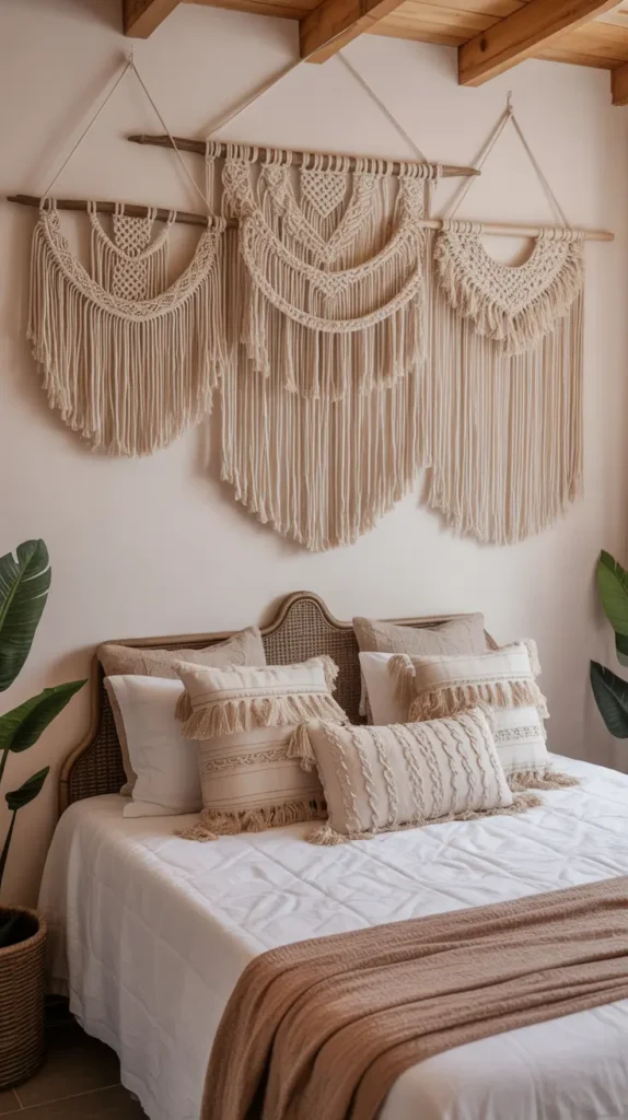 Multiple macramé and fringe hangings layered on the wall add rich texture and depth to a Boho bedroom.