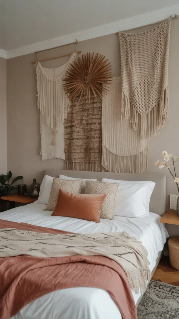 Multiple textured fabrics layered on a bedroom wall create a rich, artistic, and cozy Boho aesthetic.