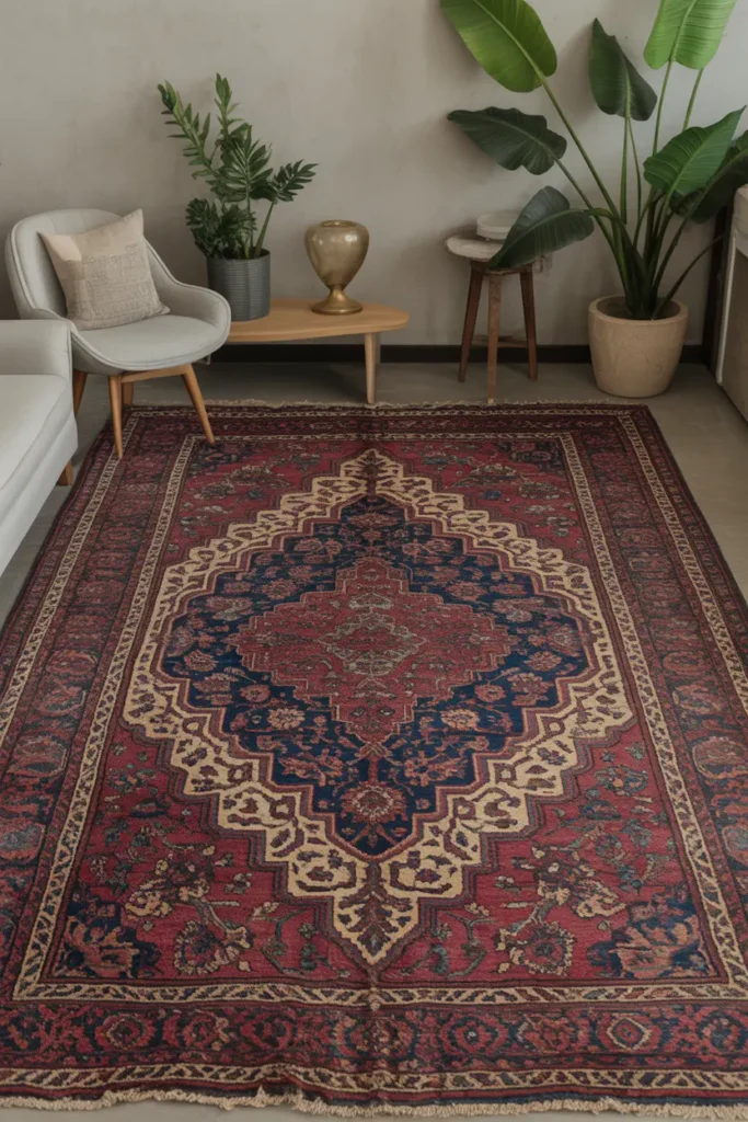Persian or oriental rugs with intricate patterns add warmth, color, and texture.
Rugs define spaces and add comfort. Antique patterns complement furniture.