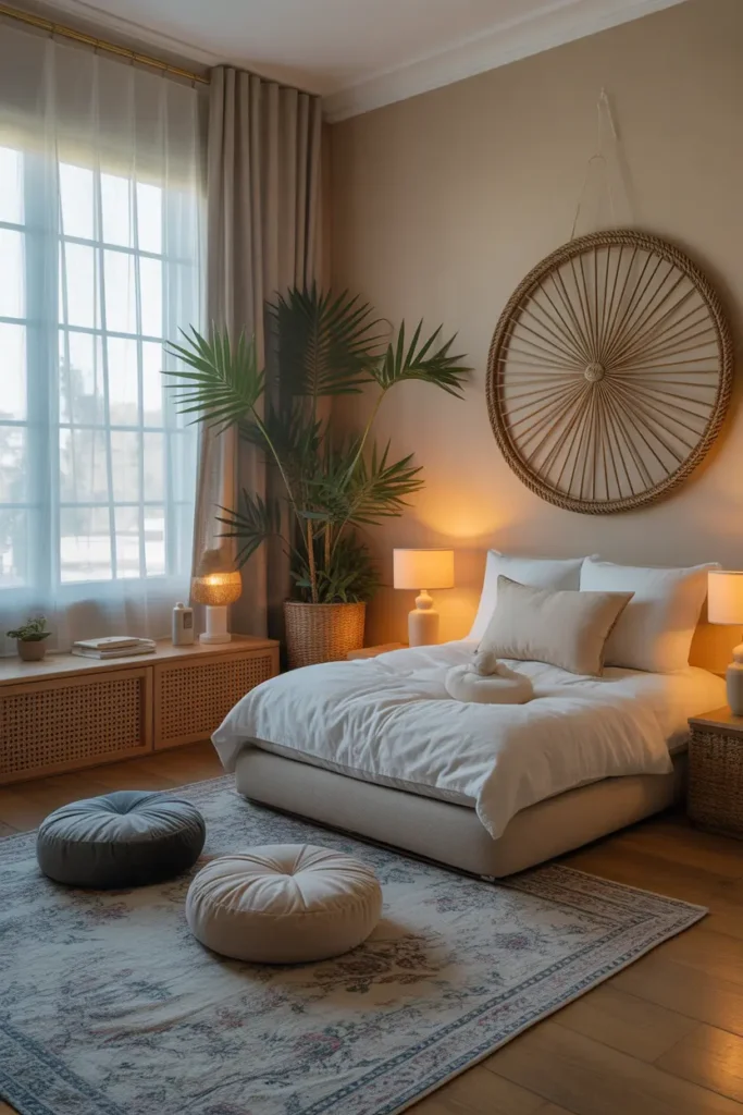 Plush meditation cushions and a soft rug create a comfortable seating area in a bedroom corner.