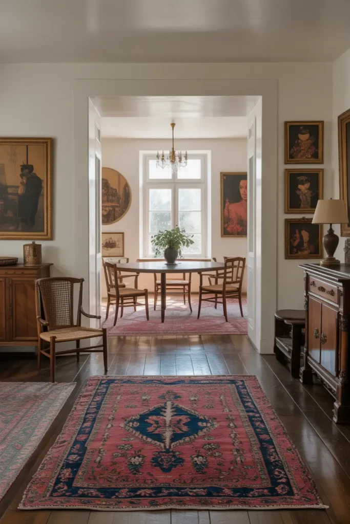 Polished wooden floors layered with antique rugs create warmth and timeless appeal.
