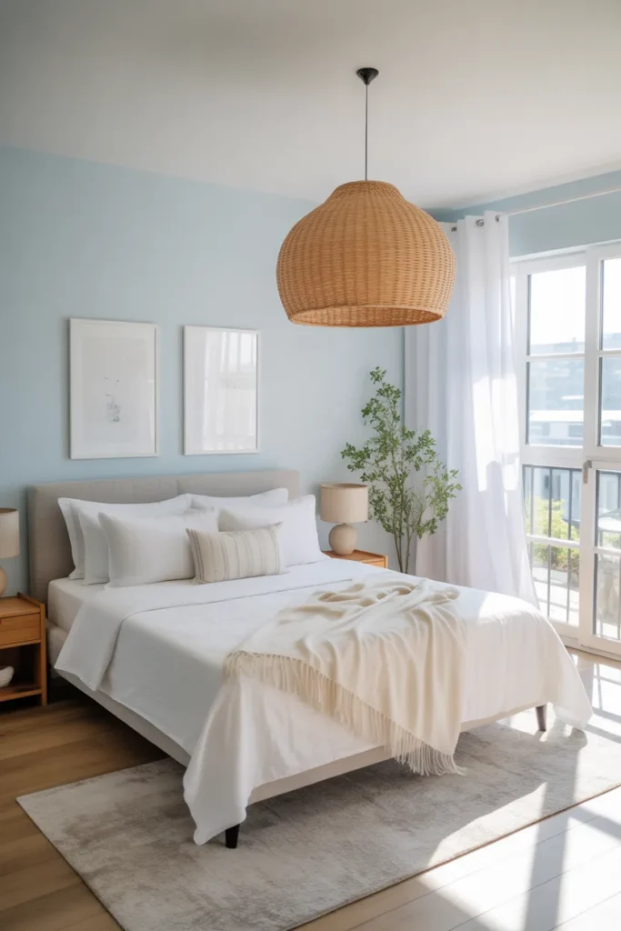  Bright summer bedroom with a tall leafy potted plant beside a white bed, pale oak nightstand, cream linen bedding, soft beige rug, sheer curtains, warm natural sunlight, white walls, light wood floors, airy modern-coastal styling, uncluttered layout, eye-level view showing the bed and green corner accent.