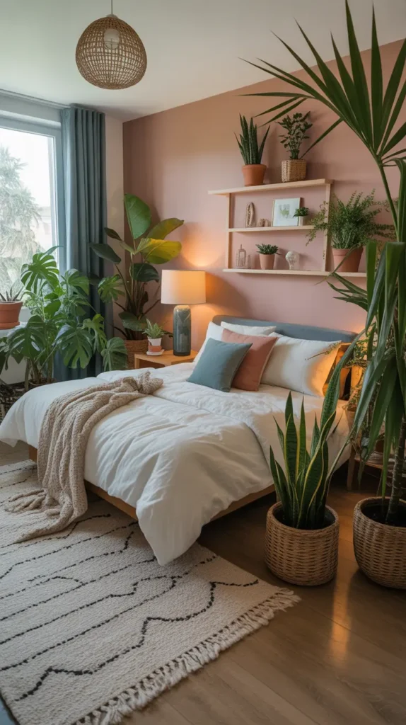Several potted plants arranged around the bedroom, adding greenery and life.