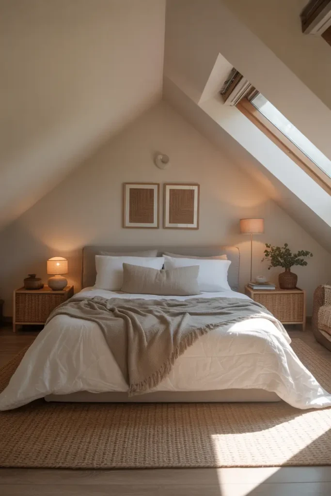 Small attic bedroom with low-profile furniture, neutral tones, minimal decor, and natural light.