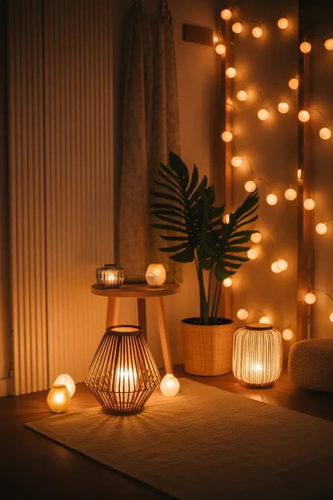Small lanterns and string lights in meditation corner adding soft, cozy illumination.