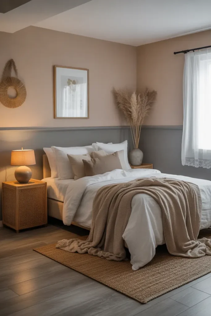 Soft beige and gray walls in a basement bedroom, with simple furniture and decor.