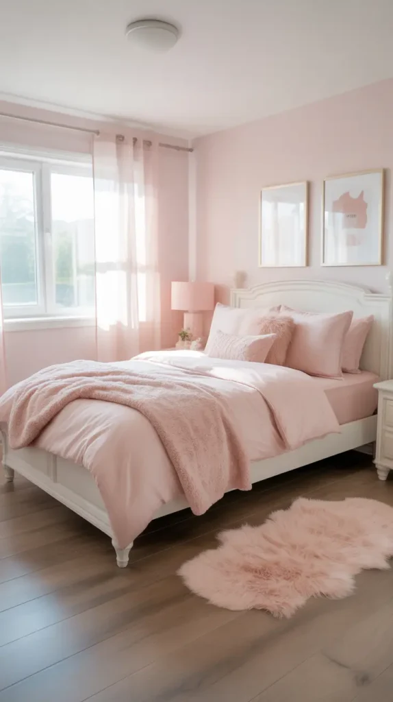A soft blush pink and white teen bedroom featuring a white bedframe, plush pink bedding, gold accents, and a faux fur rug—perfect Girly Room Ideas for Teens. The space includes framed wall art, sheer curtains with soft daylight, light wood flooring, and a clean, cozy feminine Pinterest-style layout photographed from a bright corner angle.