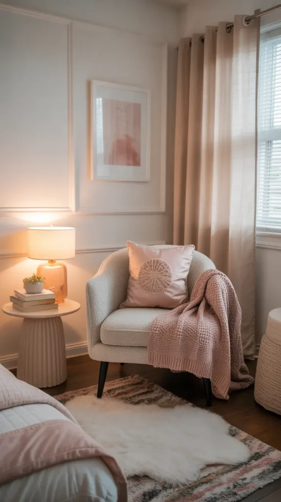 Soft feminine teen bedroom reading nook with a plush accent chair, knit throw blanket, small side table, stacked books, warm lamp glow, blush and cream palette, white walls, fluffy rug, nearby window with sheer curtains, photographed from a corner angle to capture the cozy layered setup.