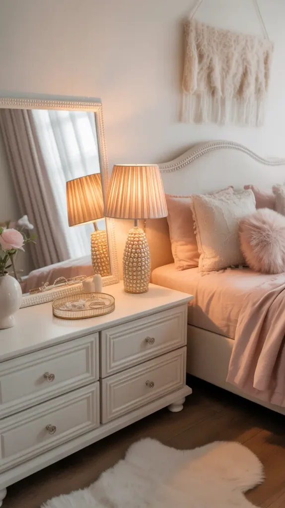 Soft feminine teen bedroom with pearl decor details on mirror frame, lamp base, jewelry tray, and bedding accents, blush and cream palette, warm natural light, white furniture, fluffy rug, delicate wall art, elegant textures, photographed from a bright angled view for subtle luxe detail.