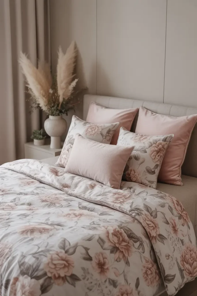Soft, floral-patterned bedding with muted colors, enhancing the romantic and cozy vibe.