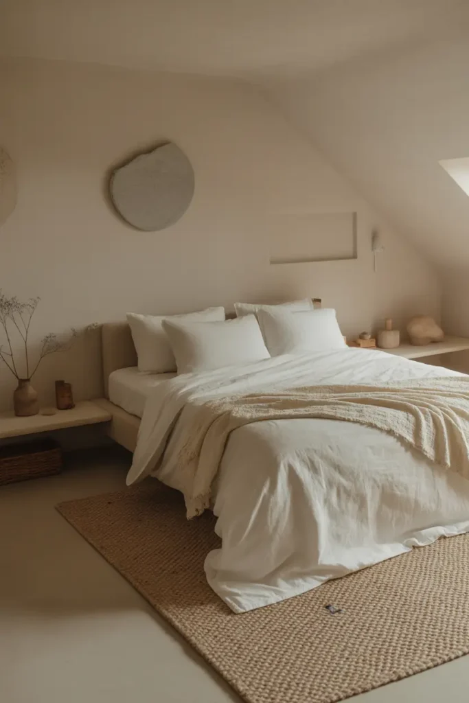 Soft, light-colored bedding in a minimalist basement bedroom.