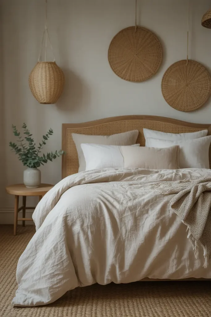Soft, light-colored cotton or linen bedding creating a fresh, inviting feel.