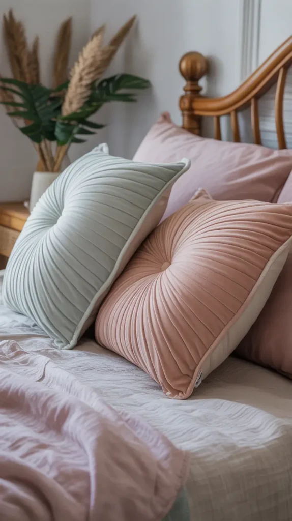  Soft, pastel-colored pillows stacked on a bed, creating a comfortable and dreamy look.