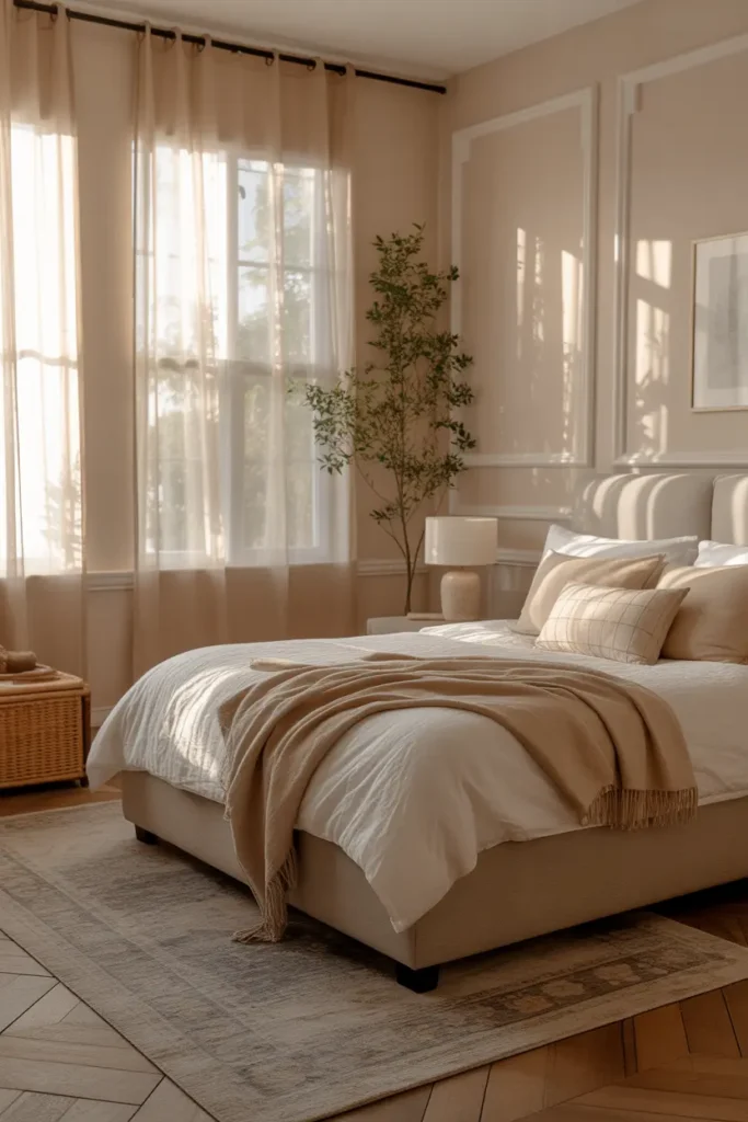 Soft sheer curtains allowing natural light to pour into a master bedroom with a cozy feel.