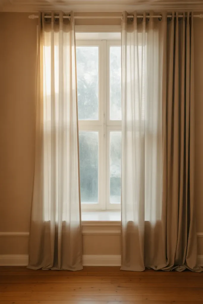 Soft sheer curtains draped over a window, allowing natural light to fill the room.
