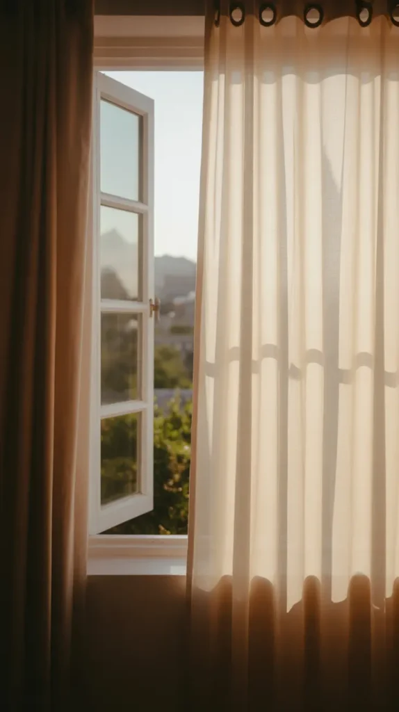 Soft sheer white curtains gently blowing in the breeze near an open window.