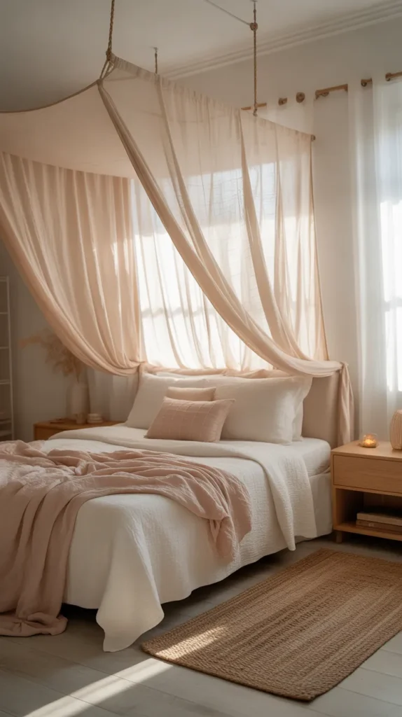  Soft summer bedroom with a sheer bed canopy draped loosely over a white bed, pale blush and cream bedding, light oak nightstand, woven rug, airy curtains, warm morning sunlight, white walls, light wood floors, dreamy relaxed mood, minimal decor, eye-level angle from the foot of the bed.
