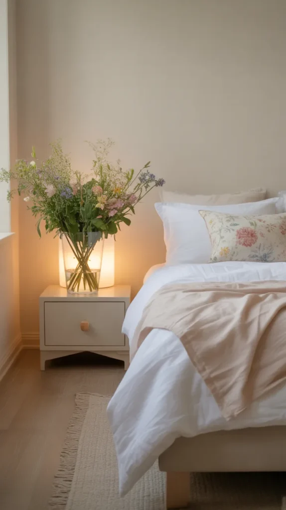  Soft summer bedroom with a small bedside table, clear glass vase of fresh flowers, white bedding, cream walls, pale wood floor, warm natural light, delicate floral stems, relaxed cottage-modern style, uncluttered layout, gentle pastel accents, eye-level view angled toward the bed and nightstand.